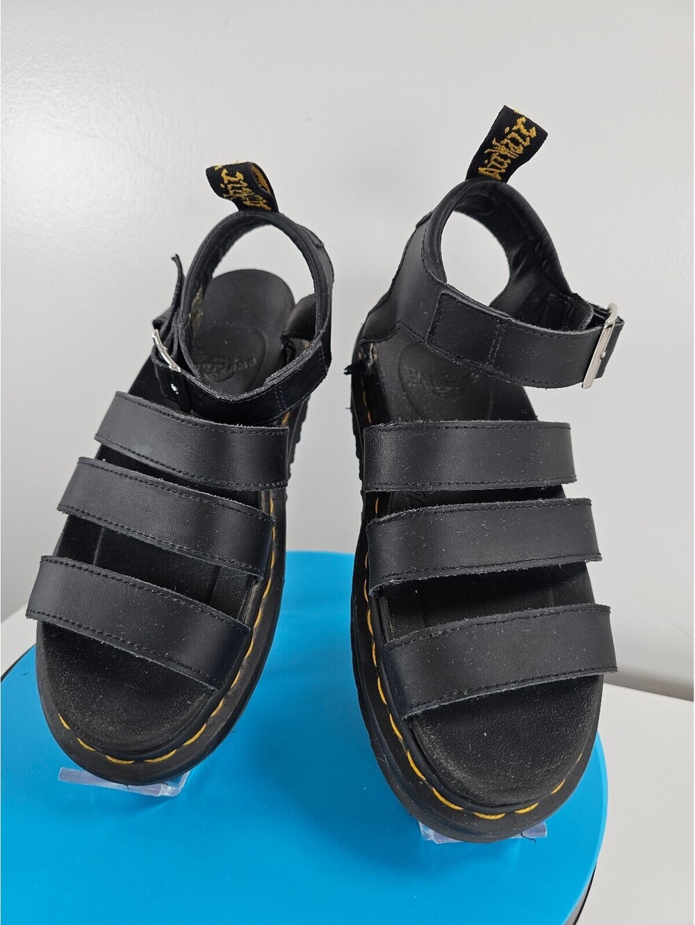 Dr. Martens Black Leather Gladiator Sandals with Yellow Stitching